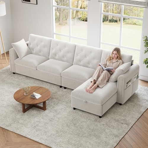 Wyibwy Divano angolare moderno in velluto con contenitore angolare, divano modulare, divano a 4 posti con tasche porta riviste sui braccioli laterali e schienale capitonné, Beige
