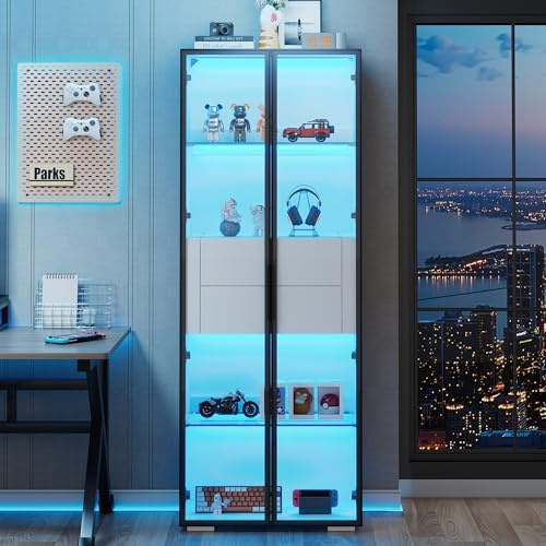 Lcoho Armadio da 60 x 40 x 160 cm, vetrina in vetro temperato con LED, 2 ripiani in vetro, 2 cassetti, altezza per soggiorno, armadietto alto