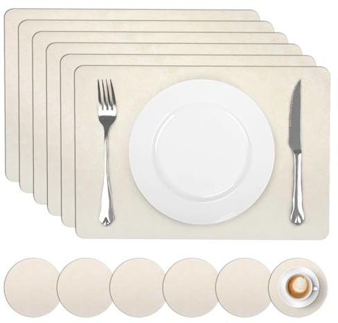 comfoyar Juego de 6 Manteles Individuales y Posavasos Cuero PU, Salvamanteles Individuales de Manteles Doble cara Beige Impermeables para Cocinas y Comedores Decoración de Mesas para Fiestas 30x43cm