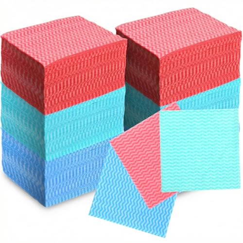 Leooomap 300 Pcs Disposable Dish Cloths, Reusable Cleaning Cloths and Towels, Highly Absorbent Wipes and Rags for Kitchen, Home, Office (Red, Blue, Green)