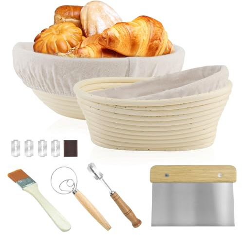LEIMEND Cestino Lievitazione Pane 2 Pezzi Cestino Pane in Rattan Naturale Con Impastatrice Fodera di Lino Raschietto per Impasto di Pane Pizza e Pasticceria (Rotondo da 23 cm e Ovale da 21 cm)