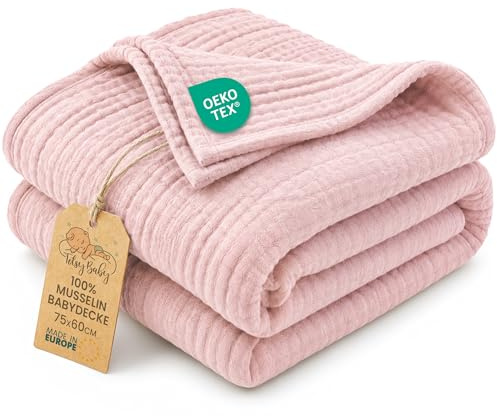 Babyfilt sommar tunn muslinfilt 75 x 60 cm - lätt andningsbar filt bomull barnvagn vagn – solskydd nyfödd baby spädbarn mjuk resefilt babylift flicka pojke present Oeko-Tex Puderrosa