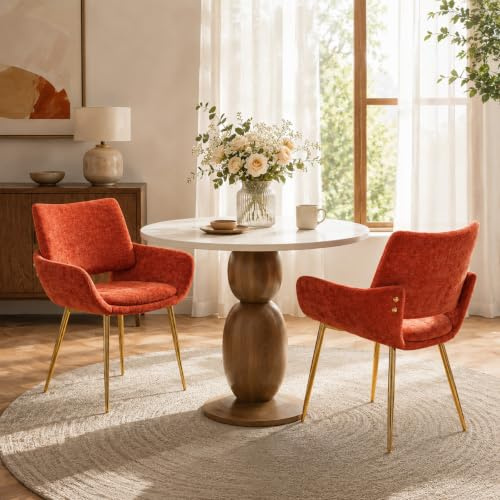 Chaise Salle à Manger Lot de 2 , Accoudoirs, 150kg Rés., Terre cuite | petit espace, cuisine, design scandinave, chenille douce, pieds dorés, résistant, 2 pièces, confortable, moderne