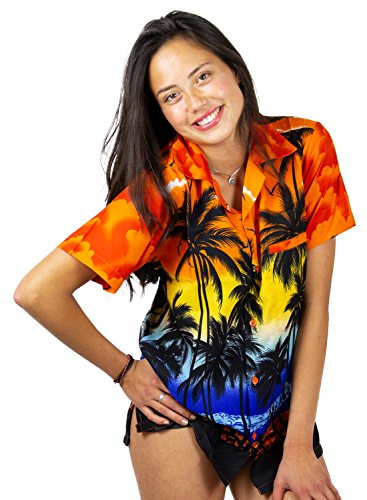 V.H.O. Funky Hawaii-blus, Hawaii-skjorta, kortärmad med framficka, Hawaii-tryck med strand och palmer, i olika färger, Orange, M