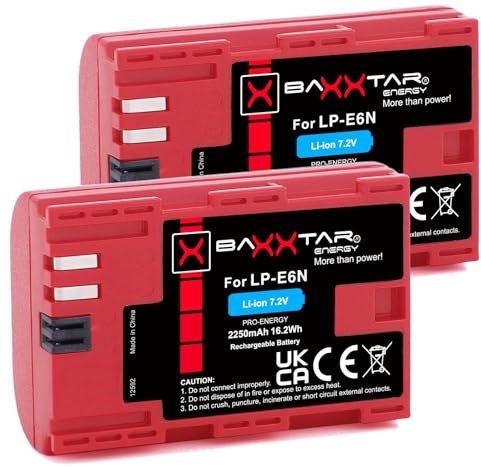 Baxxtar LP-E6N 2250mAh Kamera-Akku 2X - mit Infochip - Intelligentes Akkusystem - Kompatibel mit Canon EOS XC10 XC15 EOS R 60D 70D 80D 5D Mark II III IV 6D 7D Mark I II