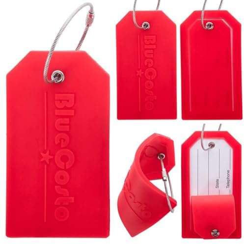 BlueCosto - Luggage Tags - Large, Red, 5 PK - PVC Suitcase Tags w/Privacy Cover & Stainless Steel Wire Loops - Personalized Baggage Identifiers for Travel - Backpack Name Labels