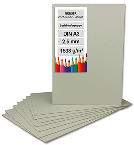 NEUSER PAPIER Lot de 5 cartons de reliure format A3+ (29,7 x 42 cm), épaisseur : 2,5 mm (0,25 cm), grammage : 1538 g/m², gris, pour le bricolage, le modélisme et la reliure de livres