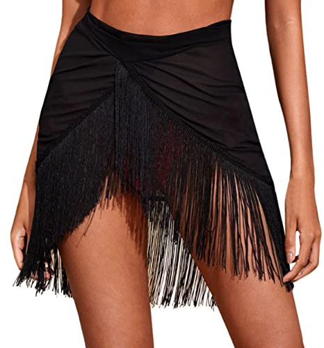 Yihuimin Minifalda con flecos para mujer, cintura alta, faldas cortas, borla, minifalda para danza del vientre, disfraz latino, tango, baile de baile, disfraz de competición, Negro , XL