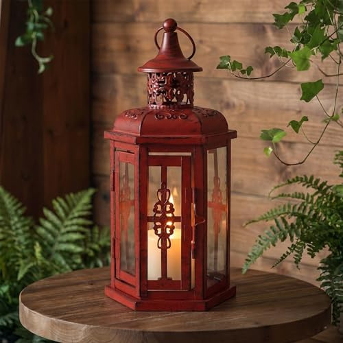 JHY DESIGN Lanterna sospesa vintage, Porta candele in metallo con vetro, Lanterna da giardino, balcone, soggiorno, interno (rosso)