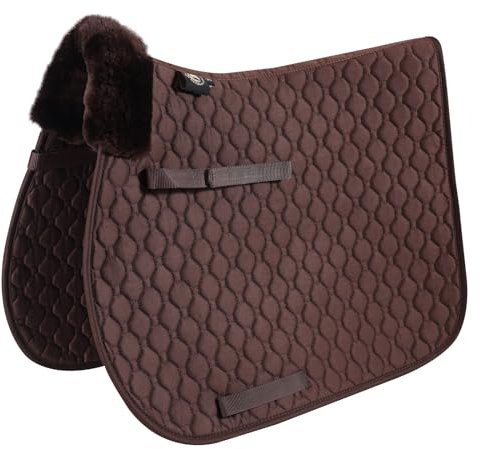 Merauno Echtes Lammfell Satteldecke Lammwolle Schabracke Dressur- und Spring-Eventing-Pad mit Lammwolle und gesteppter Baumwolle, Kranz aus Lammfell vorne (VSS (Versatility),Braun mit Braun Lammwolle)