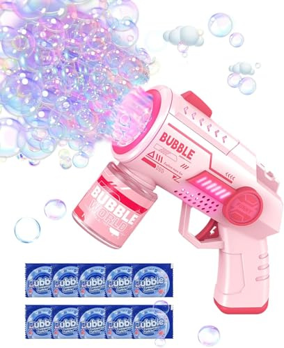 Pistola a Bolle per Bambini, Spara Bolle di Sapone Automatico Macchina con 10 Pezzi Soluzione Bolla, 6000 + Bolle/Min, Luce LED, Estate per Festa/Spiaggia/Compleanno/Matrimoni（Rosa）