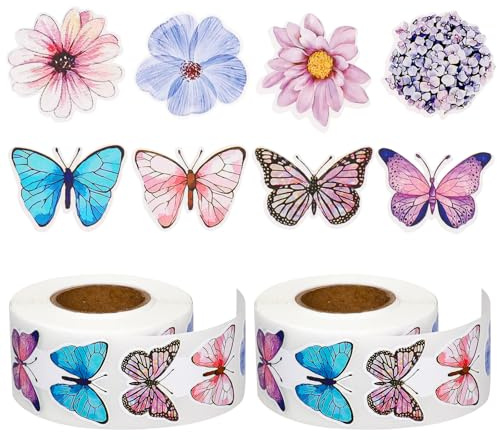 Dimeho 1000 Pcs Assorted Butterfly Flower Stickers Rolls Colorful Spring Floral Paper Butterfly Decals Cute Self-Adhesive Decorative Sticker for Scrapbooks Envelopes Party Supply Decoration