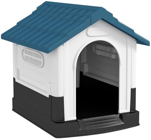 PawHut Dog Kennel for Outside, Plastic Dog House, Water-Resistant Pet Shelter with Windows, for Garden Patio, Miniature and Small Dogs, 80 x 69 x 76cm - Blue