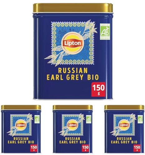 Lipton Sir Thomas, Thé Noir Russian Earl Grey Bio, Thé Noir Aromatisé en Vrac, Goût Bergamote et Agrumes, Vitalité, Certifié Rainforest Alliance, 150g (Lot de 4)