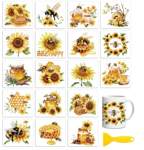 Peacoblue 18 Sheets Rub on Transfers for Crafts,18 Sheets 3.9 x 3.6 Inch Watercolor Decals Transfer Stickers Bees and Sunflowers for DIY Glass Cup
