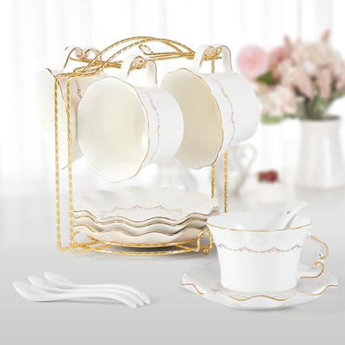 DUJUST Set di 4 tazze da tè e piattini (200 ml), set di tazze da tè di lusso con finiture dorate, tazze da caffè con stampa in rilievo, set da tè in porcellana reale britannica - bianco