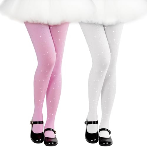 phnydreg 2 Pairs Sparkly Tights for Girls Kids Ballet Tights Dance Stockings for Toddler School Dress(US, Alpha, Medium, Regular, Pink+White)