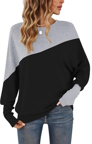 WNEEDU Camiseta de Manga Larga con diseño de Bloques de Color para Mujer | Túnica casual para mujer con cuello redondo mangas con puños en estilo patchwork y diseño tipo suéter