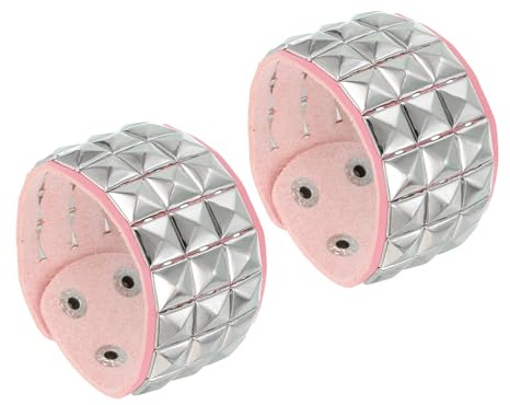 sourcing map 2 Pcs Leather Punk Bracelet 8.7/22cm Layered Row Square Rivets Goth Spike Studded Bracelet Adjustable Wristband Cuff Bangle for Halloween Party Favors Emo Grunge Accessories, Pink