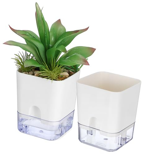 UPKOCH 2pièces Pots à Arrosage Automatique pour Plantes Intérieur Jardinières avec Mèche Coton Fond Transparent pour Contrôle Eau Facile à Assembler Plastique