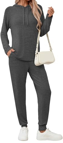 Famulily Women's Tracksuits Drawstring Hoodies & Elastic Jogger Pants with Pockets 2 Piece Co ord Sets Carbon Black XXL