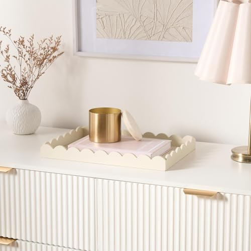OHS Serving Wooden Decorative Tray, Cream Scallop Coffee Table Tray Rectangle for Centrepiece Decoration Kitchen Counter Storage Organizer Modern Wood Serving Tray for Snacks Drinks