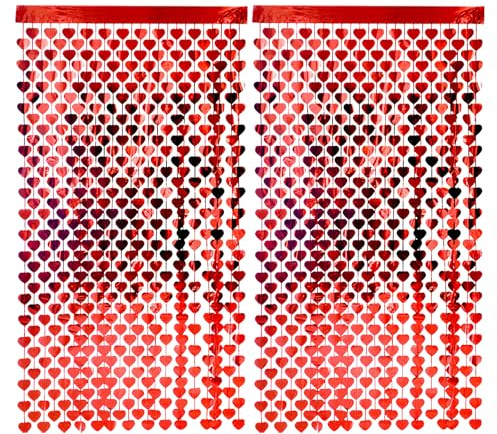 Cosswe 2 Stück Rot Herz Regenvorhang 2m, Leuchtende Herzen Deko Vorhang für Hochzeit Valentinstag Geburtstag Wohnzimmer Tür Party Hintergrund (Rot)