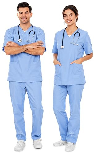AIESI® Divisa Sanitaria uomo donna (S celeste) in cotone 100% sanforizzato pantaloni e casacca scollo a V