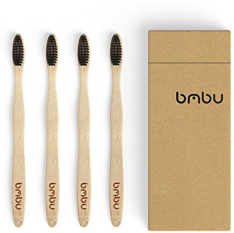 bmbu Bamboo Toothbrush 4 Pack - Medium/Soft Charcoal Bristles Tooth Brushes Wooden Handle - BPA Free, Eco Friendly, Vegan Product Gift Idea, Sustainably Grown in Recycled Biodegradable Packaging