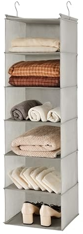 MAX Houser 6 Tier Shelf Hanging Closet Organizer, Closet Hanging Shelf with 2 Sturdy Hooks for Storage, Foldable (Light Grey)