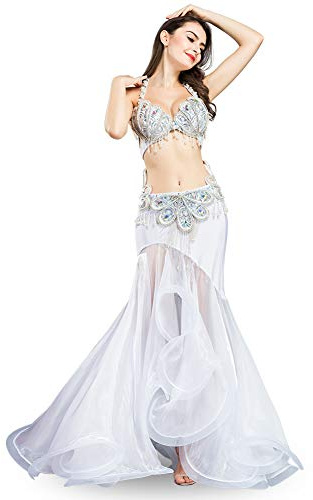 ROYAL SMEELA Belly Dance Costume for Women Belly Dance Bra Belt Set Belly Dancing Skirt Mermaid Professional Carnival Outfits White