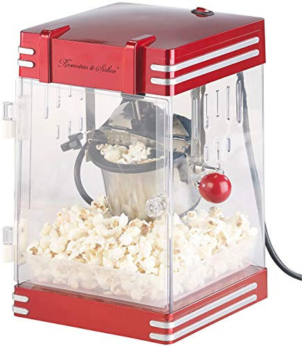Rosenstein & Söhne Retro Popcornmaschine: Mini-Retro-Popcorn-Maschine 'Theater' im 50er-Jahre-Look, 230 Watt (Mini Popcornmaschine, Popcornmaschine für süßes Popcorn, Zuckerwatte)