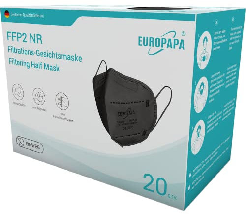 EUROPAPA® 20x Masques Noir FFP2 Masque Respiratoire Masques Anti-PoussiÈRe 5 Couches HygiÉNiquement EmballÉS Individuellement Corps