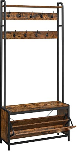 VASAGLE Garderobenständer mit Schuhschrank, Garderobe mit Sitzbank, Kleiderständer, Schuhkipper, 9 Haken, obere Ablage, für Flur, Schlafzimmer, Industrie-Design, vintagebraun-schwarz HSR405B01