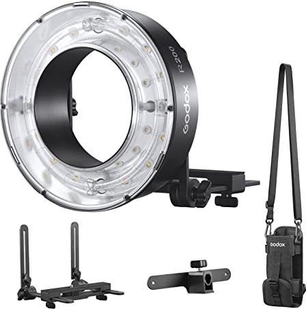 Godox R200 200W Ring Flash Ringblitzkopf Eingebaute 10 W Einstelllampe 3 Helligkeitsstufen mit Regenschirmhalterung Kamerahalterung Flash-Tragetasche für Godox AD200/ AD200Pro Blitz