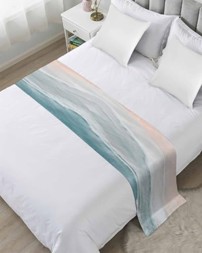 Summer Beach Bed Runners for Twin Size Bed, Ocean Coastal Decorative Bed Throws for Foot of Bed, Seaside Nautical Aqua Beige Bed Runner Sofa Throw Bedding Scarf Protector Slipcover for Bedroom/Hotel