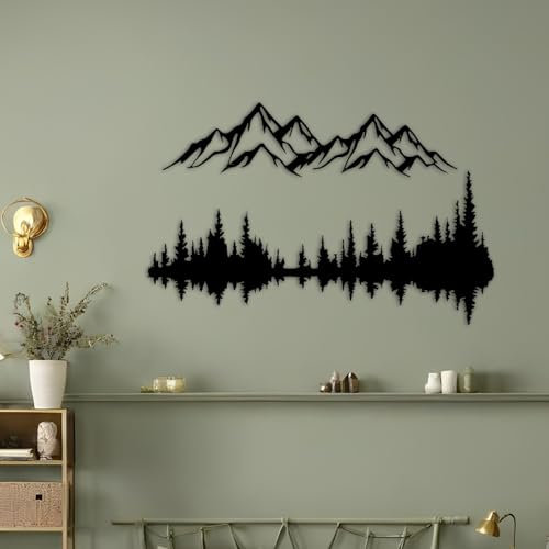 Metall Wandkunst Berg und Wald Metall Wanddekoration, große Wandskulptur für rustikales Zuhause, Innen und Außenbereich, Moderne Deko, Bilder für Zuhause Büro Wohnzimmer (Berg 1, Groß, Black/Black)