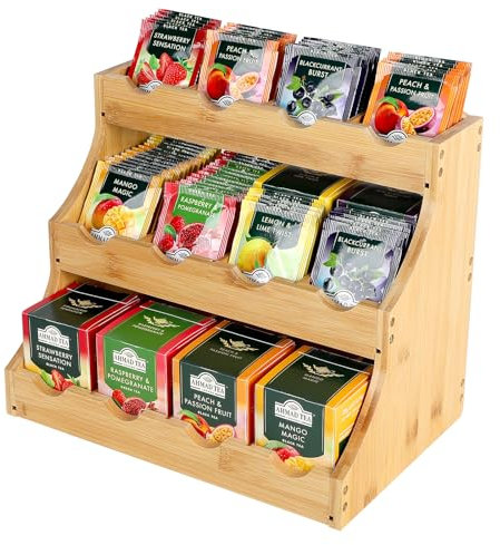 efuturetime Étagère Verticale de Rangement en Bambou pour Sachets de Thé, 12 Compartiments Ajustables - Boîte à Thé à Trois Étages en Bois pour Sachets de Thé, Café, Sucre et Bâtonnets à Mélanger