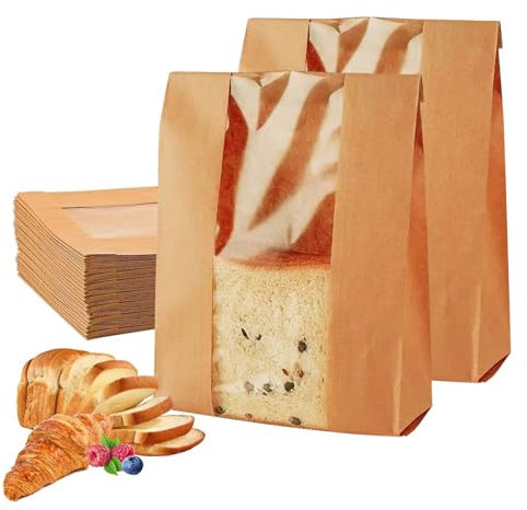 TICKLELY Lot de 50 Sac à Pain - Sachet Kraft Alimentaire, Sac Sandwich Papier, Idéal pour Boulangerie, Grille-Pain et À Offrir -Avec Fenêtre Transparente et Étiquettes de Scellement