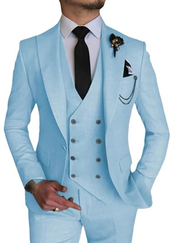 Costume élégant 3 pièces pour Homme Ensemble de Bal de Mariage à Double Boutonnage 1 Boucle Veste Gilet Pantalon Ensemble Formel (Bleu Clair,M)