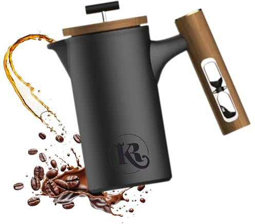 brandXzilla KR™ Polaris - Keramik French Press Kaffeebereiter (600 ml) mit Sanduhr - Manuelle Kaffeepresse aus Keramik mit Walnussholz & Edelstahlpresse - Für bis zu 4 Tassen - Schwarz