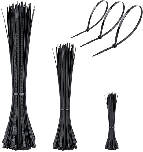 300pcs Black Cable Ties 100mm 200mm 300mm Heavy Duty Nylon Zip Tie 3 Size Multi-Purpose Tie Wraps for Home,Office, Garden, Garage and Workshop