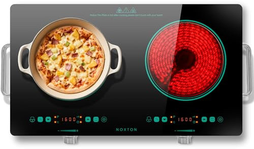 NOXTON Glaskeramikkochfeld 2 Platten Tragbar, Elektrische Herdplatte und Kochplatte Freistehend mit Griff, 2 Kochfelder mit Stecker, Timer, Kindersicherung, 220-240V, 3200W Mobiles Kochfeld 30 cm