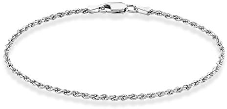 Solid 925 Sterling Silver Italian 2mm, 3mm Diamond-Cut Braided Rope Chain Bracelet for Women Men, Made in Italy, Sterling Silver