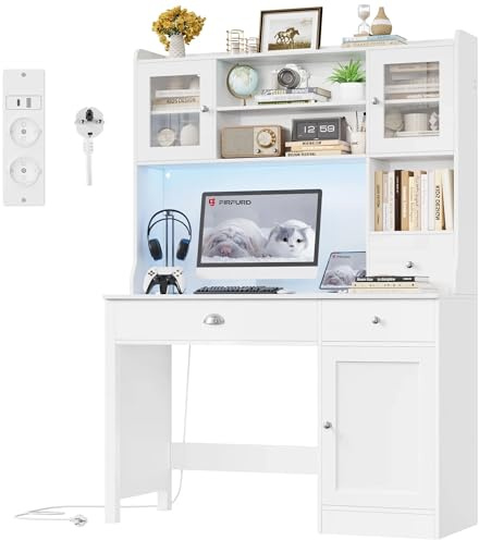 FirFurd Vitt skrivbord med lådor, hyllor, 2 uttag och 2 USB, LED-lampor, sminkbord, spelskrivbord, kontor, 120 x 48 x 165 cm