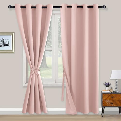 XWZO Blackout Curtains Shades Window Curtain Panels with Tiebacks- Noise Reduction and Thermal Insulated Eyelet Curtains for Bedroom,Living Room,Office,Study Room Pink W52xL84