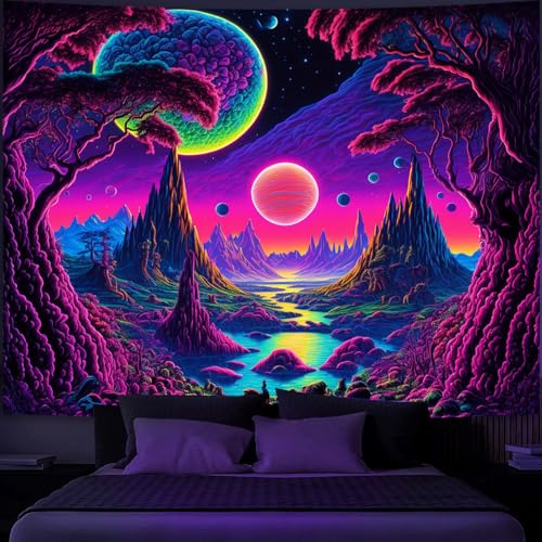 Simpkeely Blacklight Galaxy Moon Tapestry - Alien Landscape UV Reactive Neon Mountain Forest, Space Fantasy Plants Wall Hanging for Room Decor - 130 x 150 cm