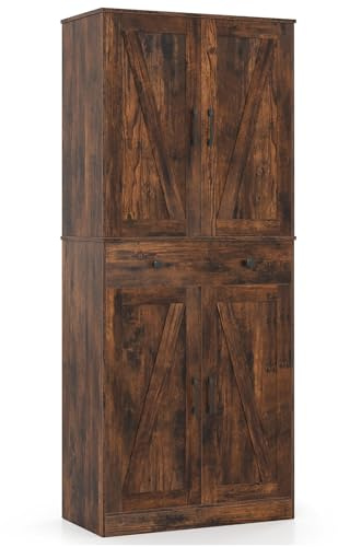COSTWAY 183cm Tall Kitchen Cupboard, 4-Door Buffet Pantry Storage Cabinet with 3 Adjustable Shelves, Drawer & Anti-tipping Device, Freestanding Farmhouse Sideboard Organizer Unit (Rustic Brown)