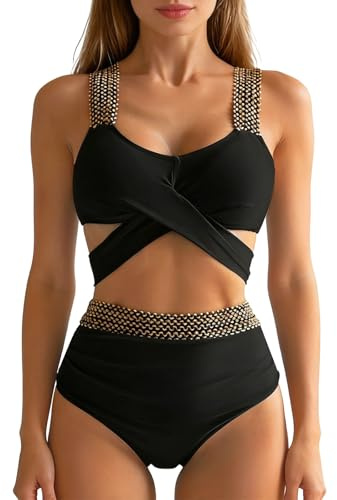 Women High Waisted Bikini Sets Tummy Control Swimsuits Color Block Two Piece Bathing Suit Summer Modest Swimwear (UK, Alpha, M, Regular, Regular, Black)