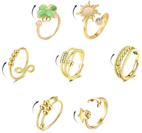 ZXTGBQ 7PCS Ansiedad Anillos Giratorios, Anillo Antiestres Ansiedad Ajustables Acero Inoxidable Con TréBol De Cuatro Hojas, Spinner Anxiety Ring Antiestrés Anillos, Regalo para Novia Madre